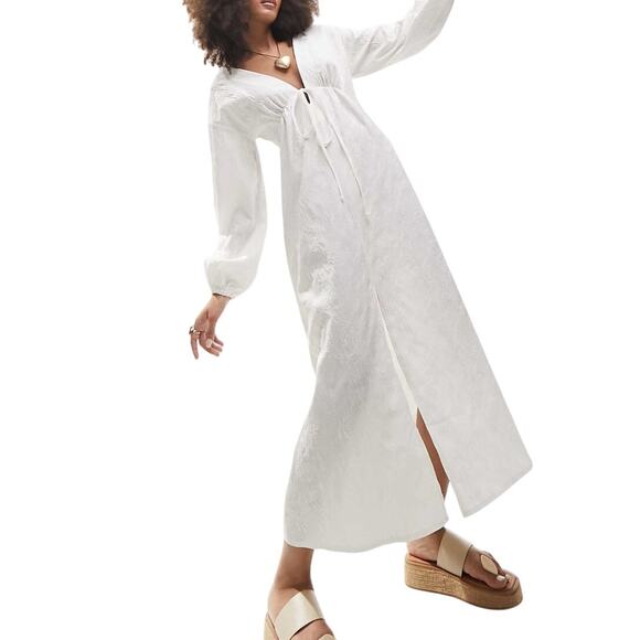 ASOS Jacquard White Tie Front Lace Up Back V-Neck Long Sleeve Midi Dress 4 NWT - Picture 3 of 16